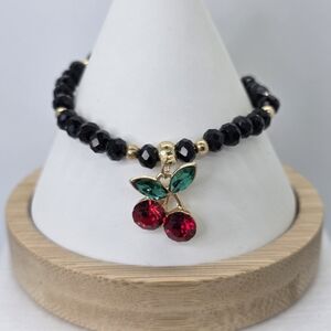 Elegant Black Beaded Bracelet with Cherry Charm BR213